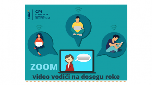 Grafični prikaz štirih uporabnikov, ki uporabljajo računalnik za medsebojno komuniciranje. ZOOM: video vodiči za uporabo aplikacije ZOOM.